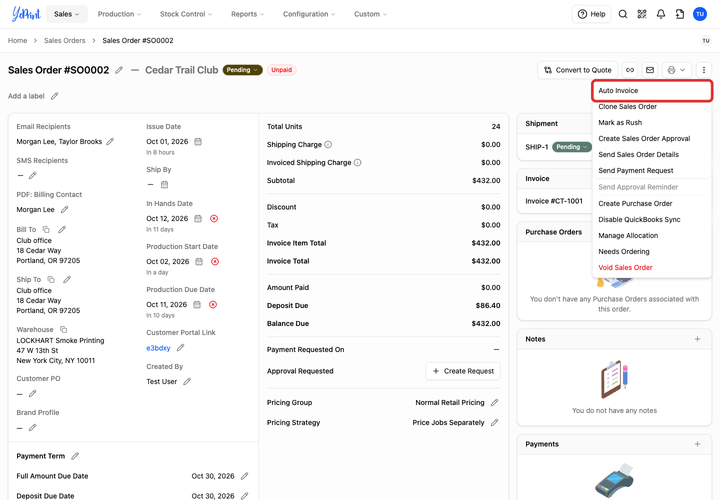 Auto Invoice in Quick Actions