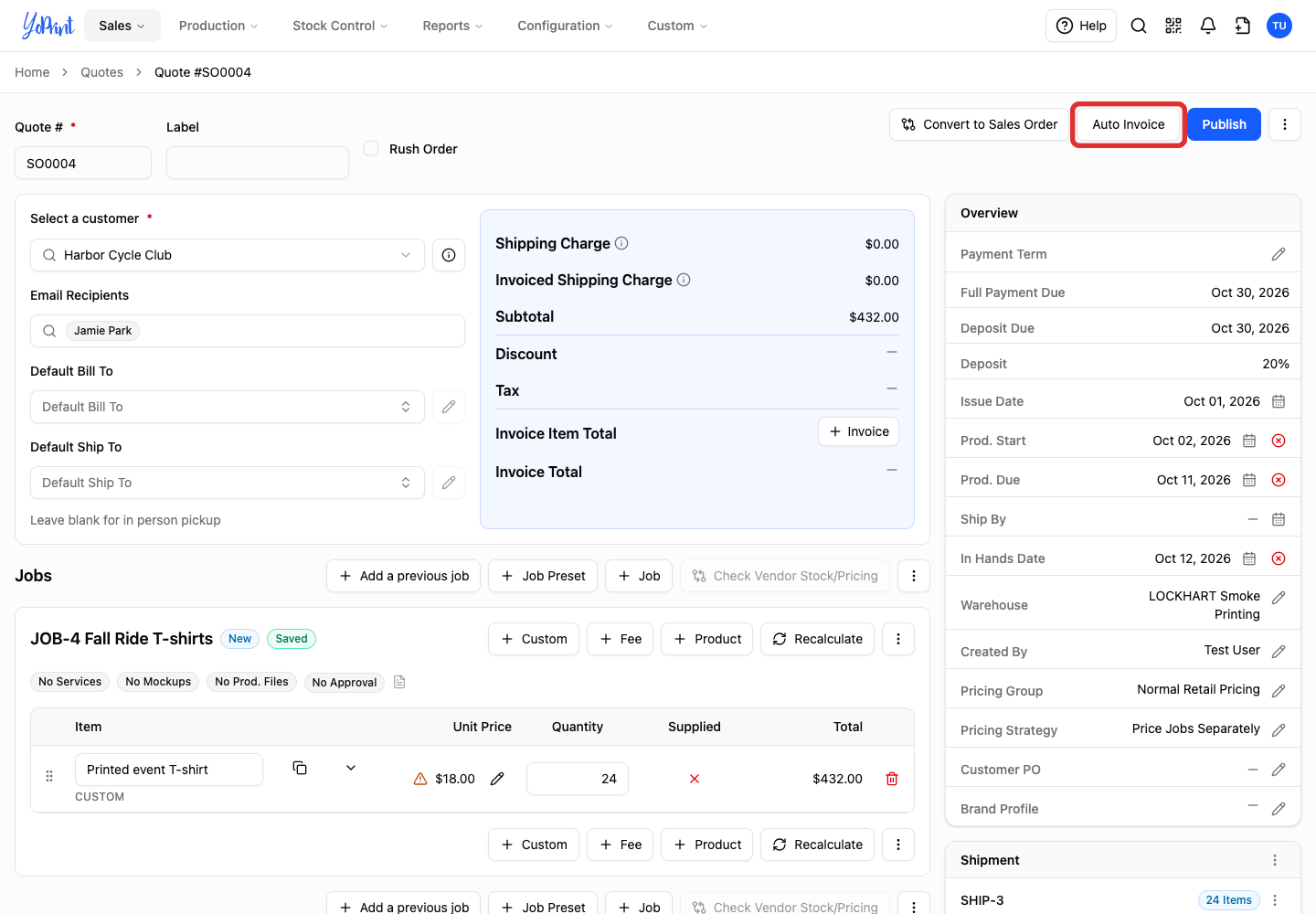 Auto Invoice on a draft quote