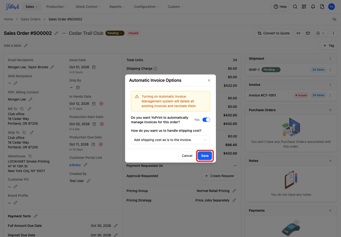 Save Auto Invoice settings