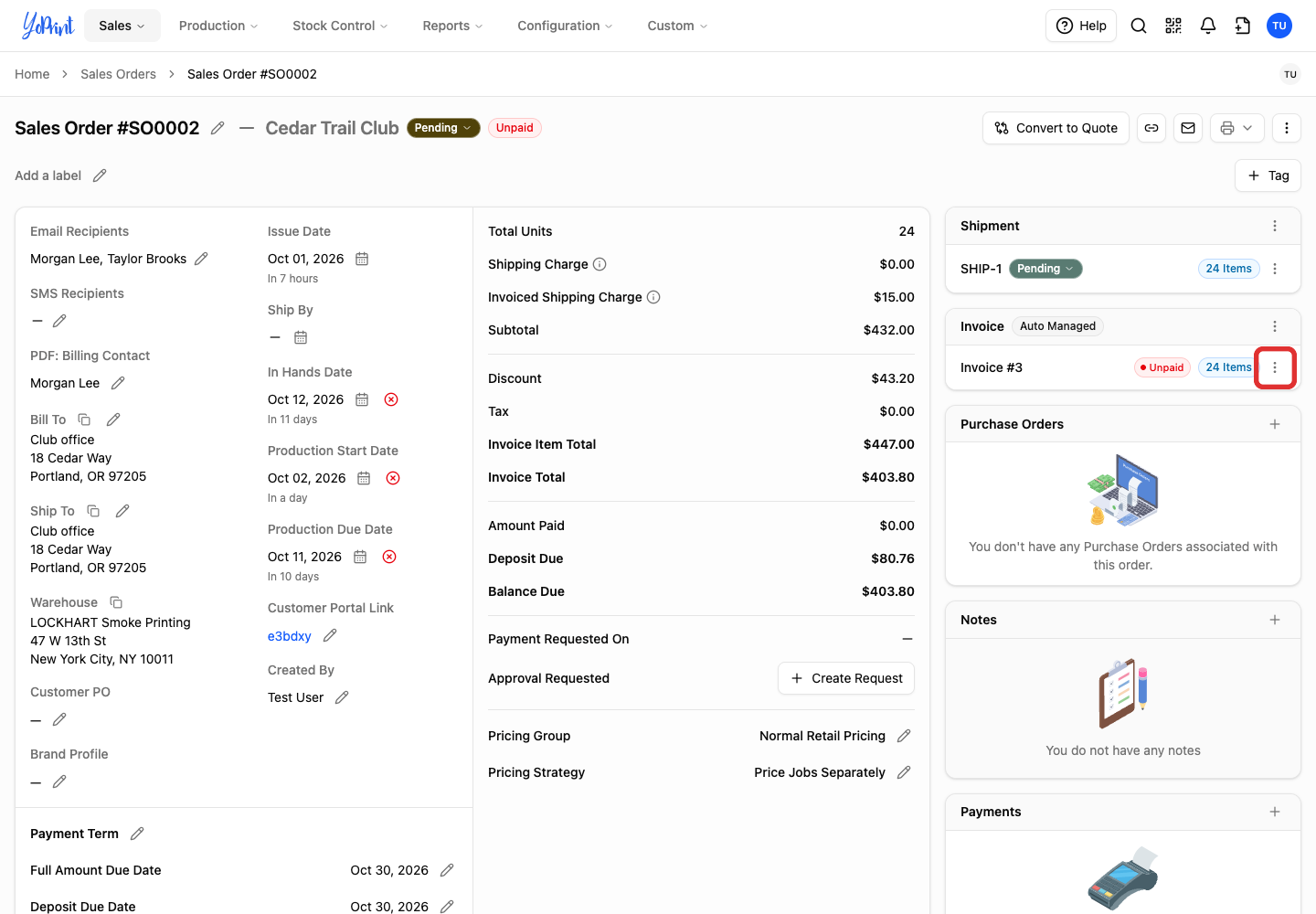 Menu beside the managed invoice