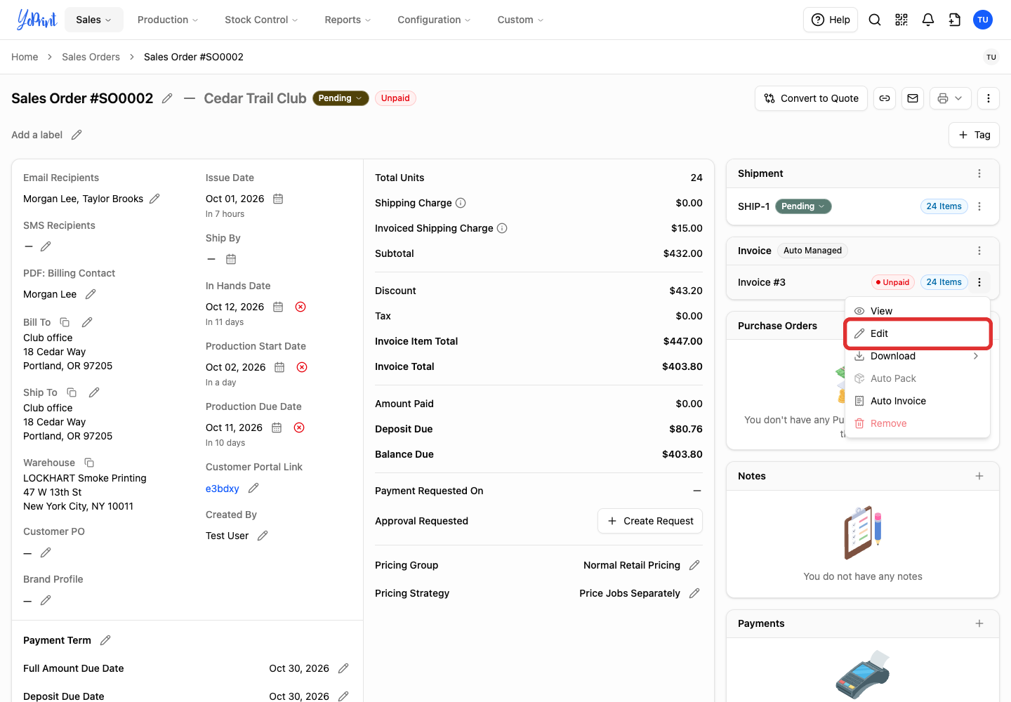Edit in the invoice menu