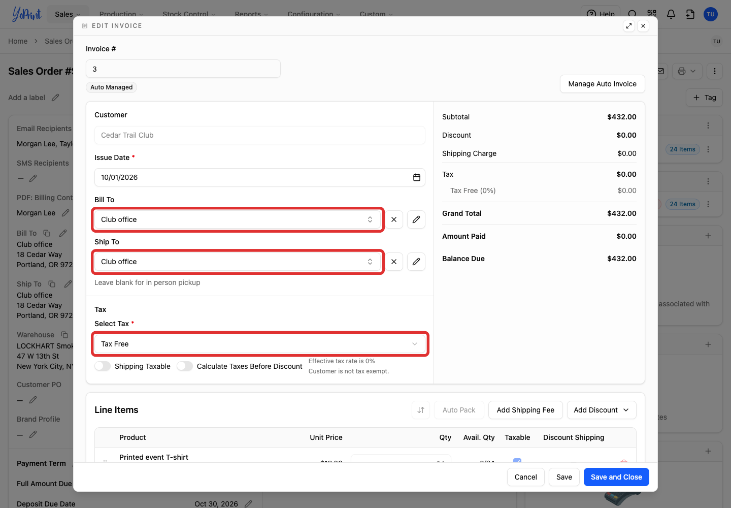 Invoice addresses and tax selection