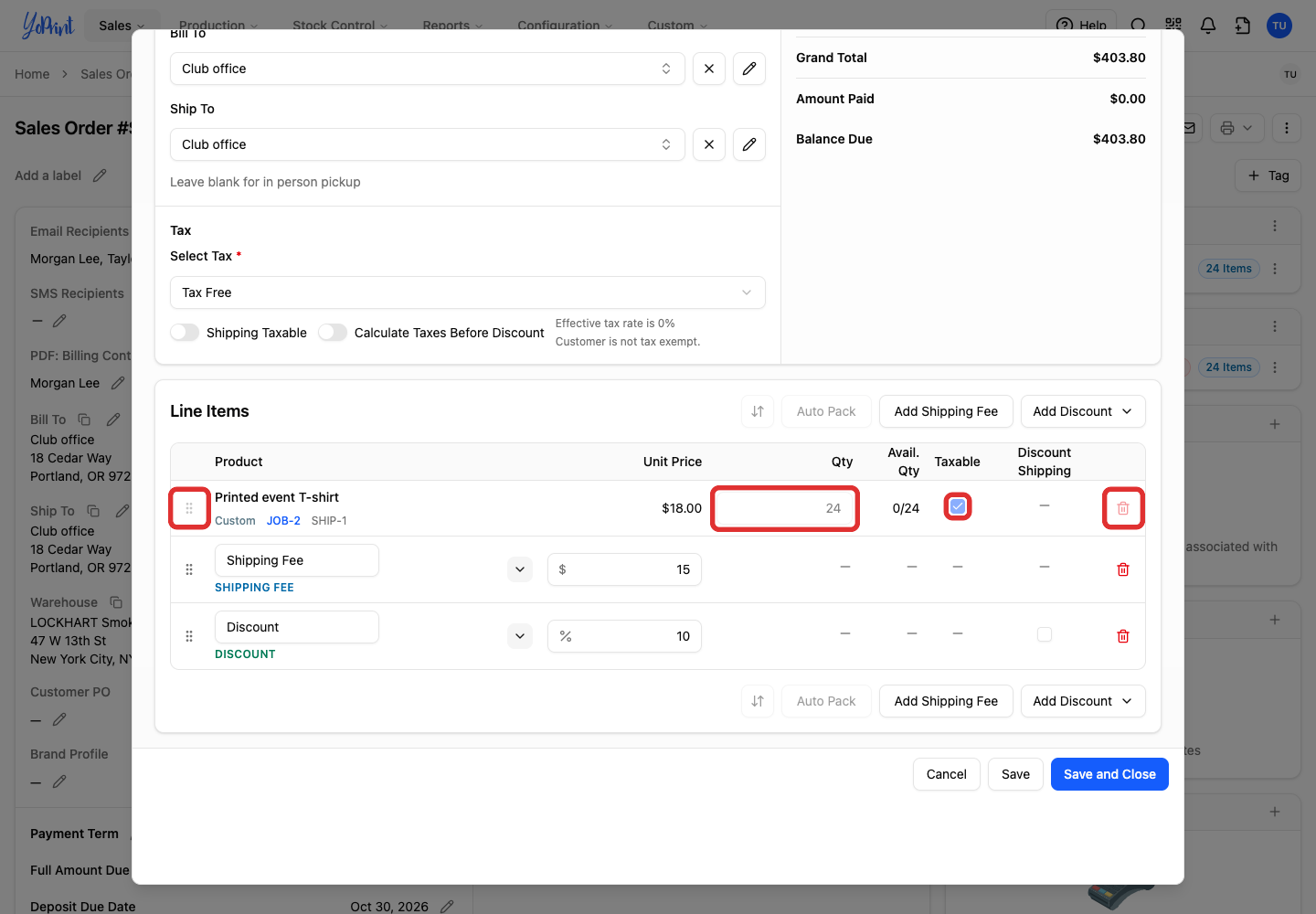 Locked controls on a managed product row