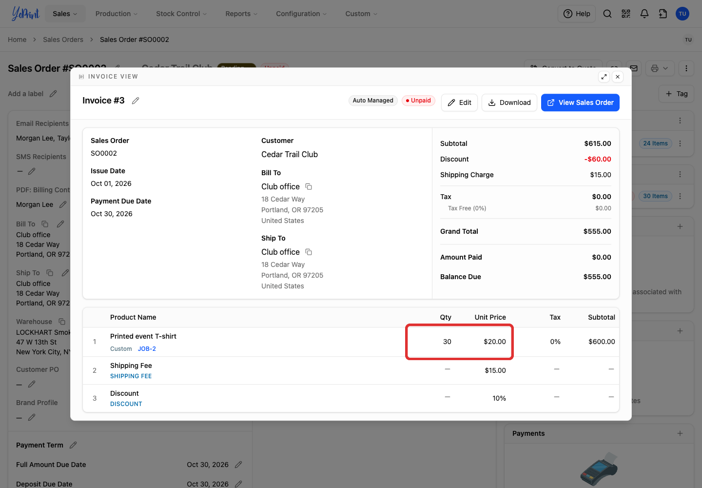 Updated quantity, price, fee, discount and balance