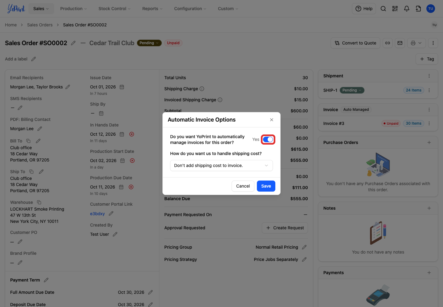 Turn automatic invoice management off