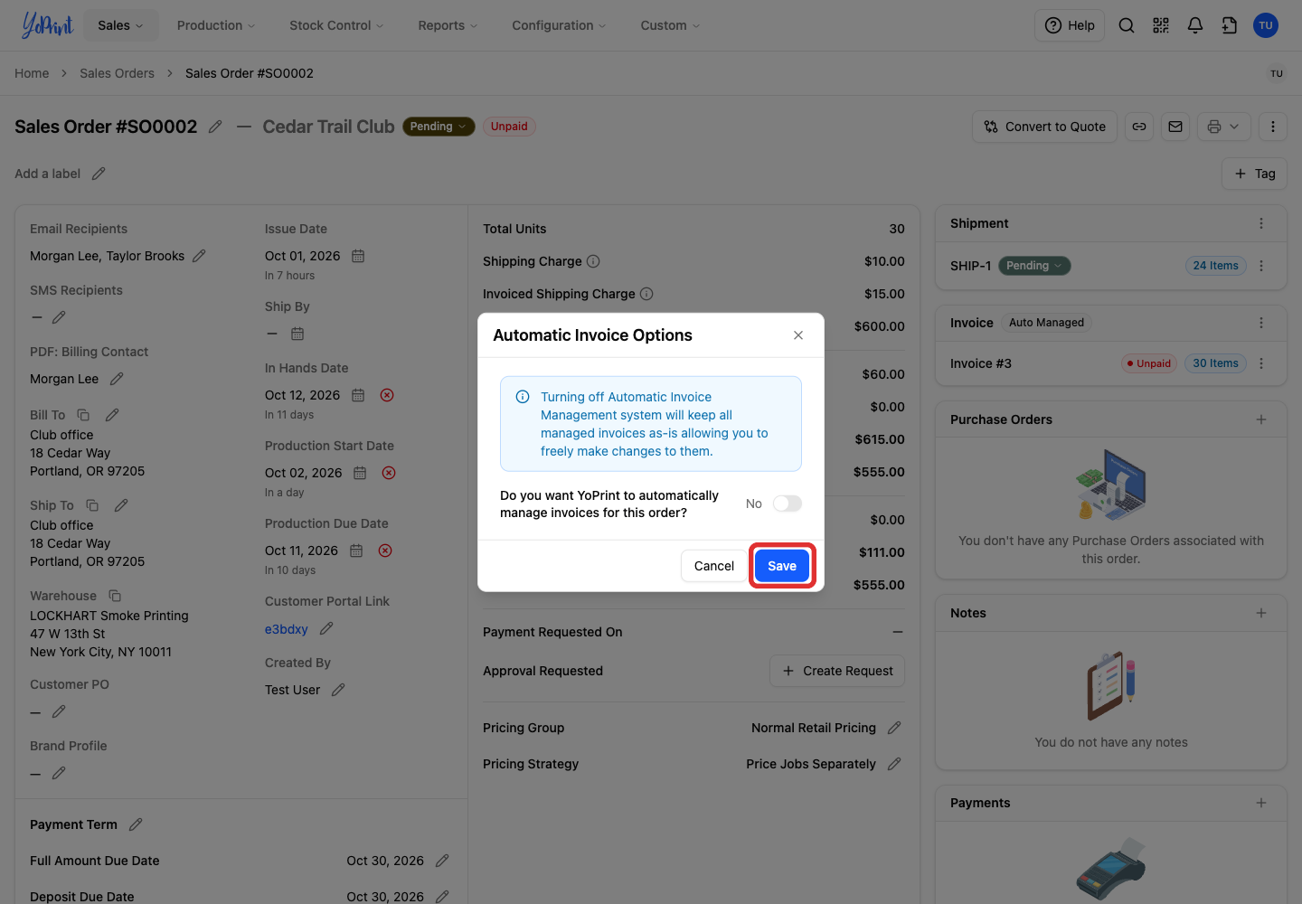 Save manual invoice management