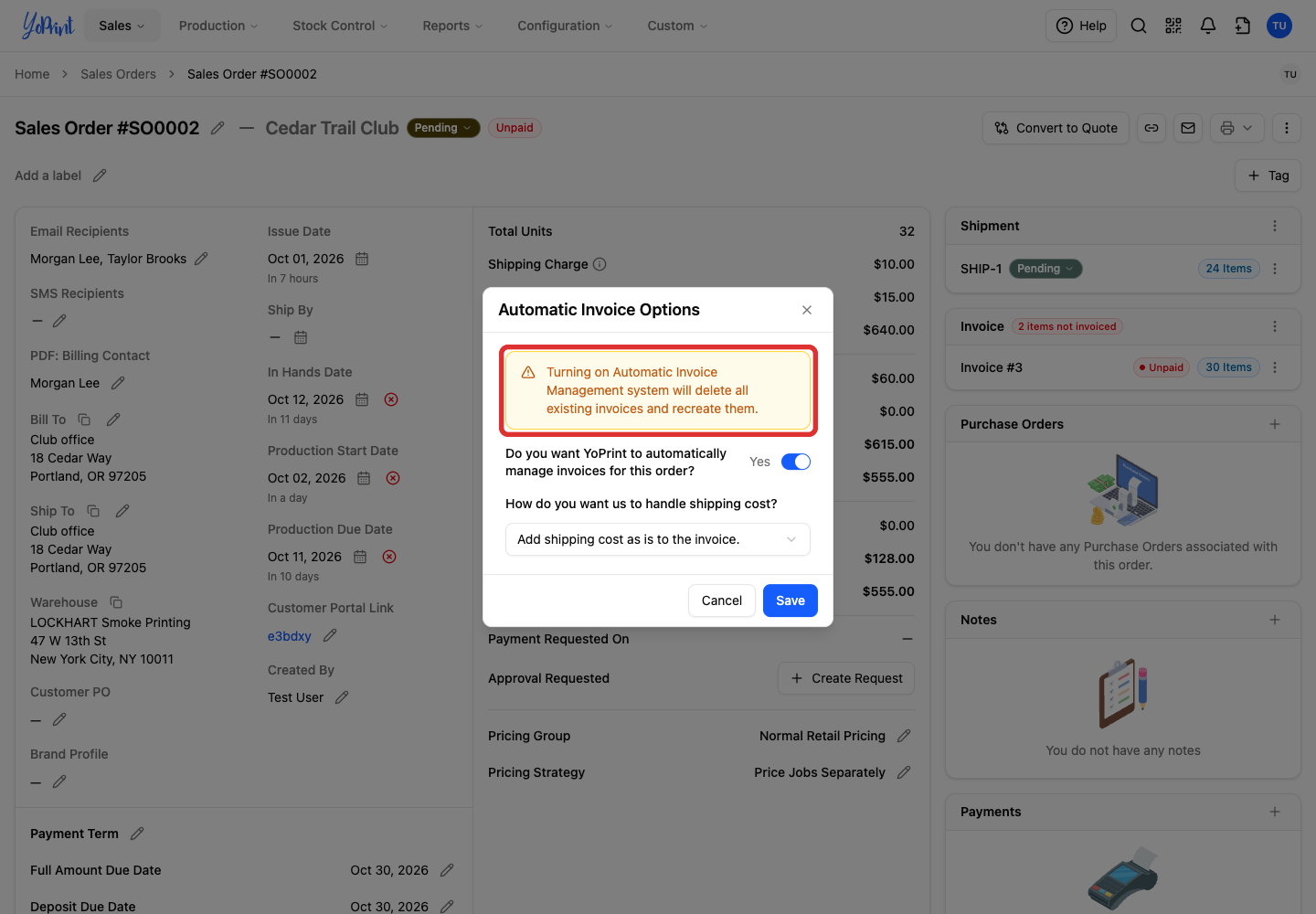 Warning before recreating the order invoice
