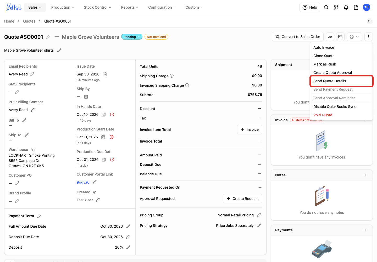 Send Quote Details in Quick Actions