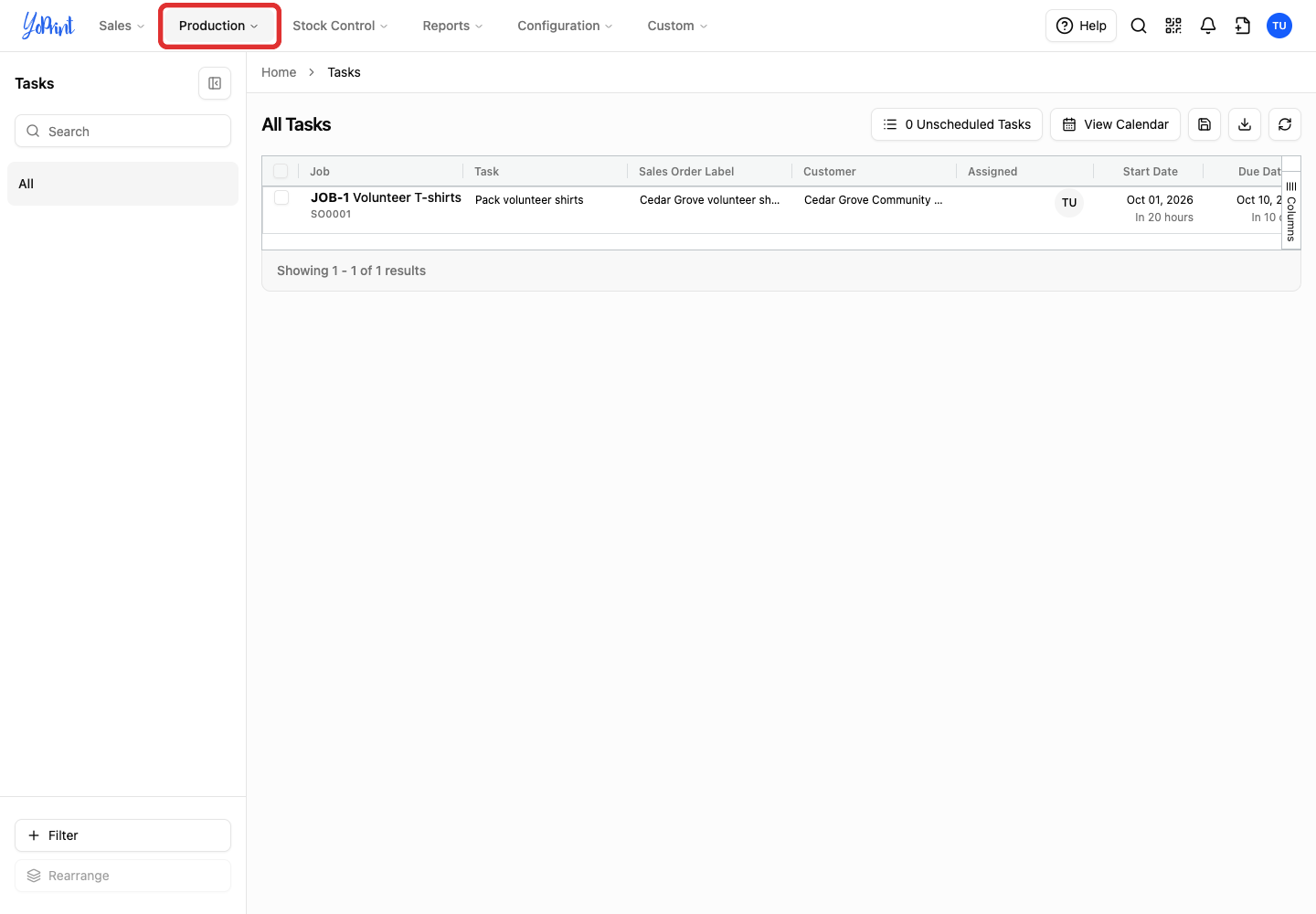 Production menu in the navigation bar