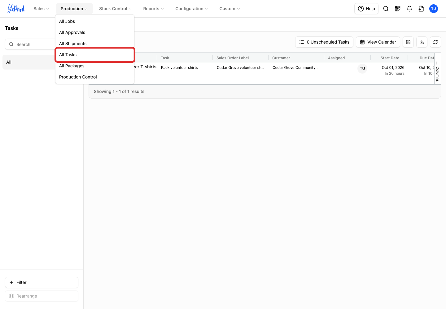 All Tasks in the Production menu