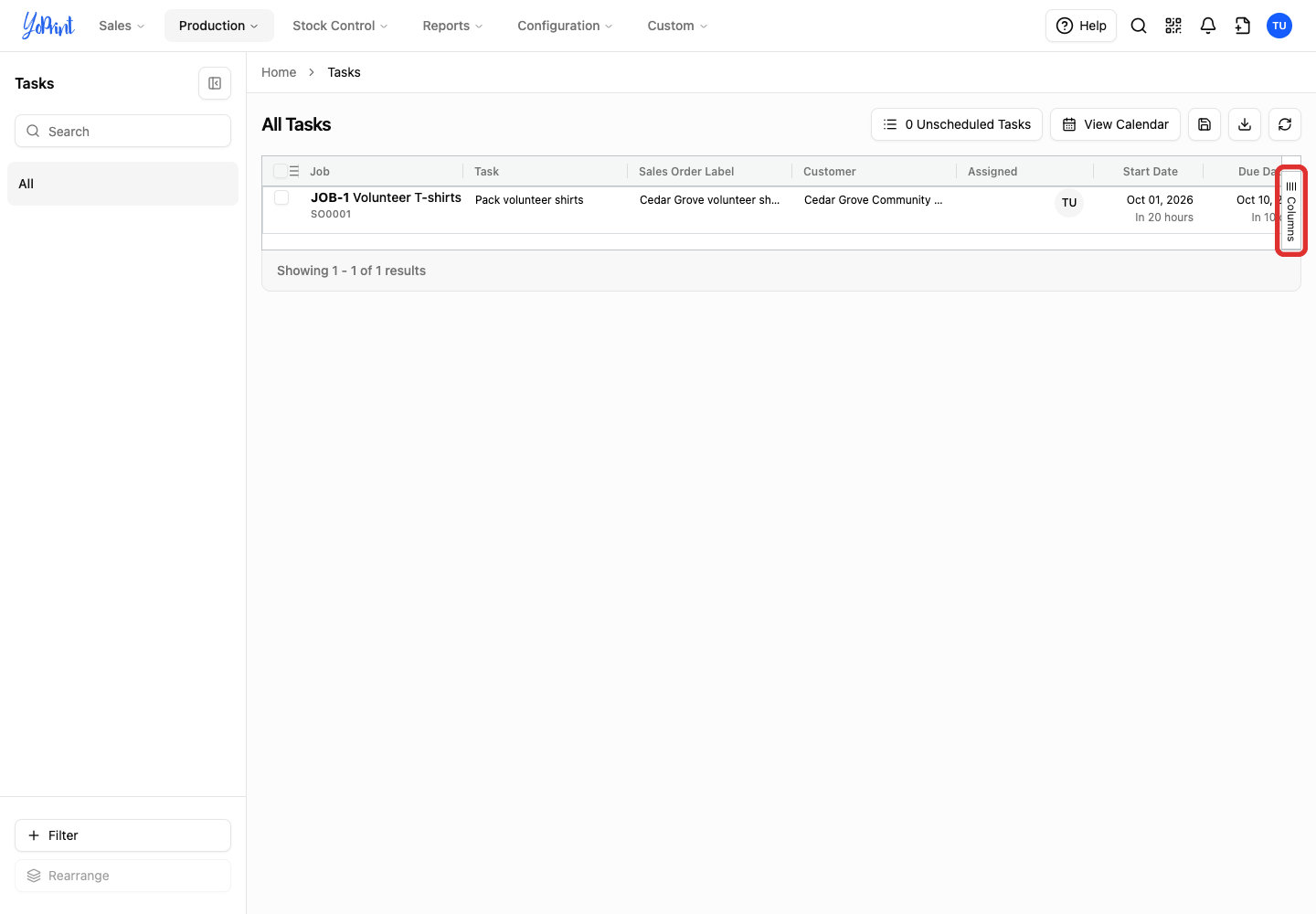 Columns tab at the right of the tasks list