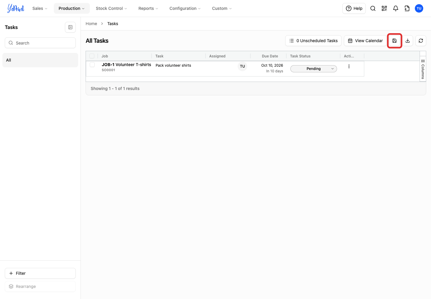 Save Columns button above the customized list