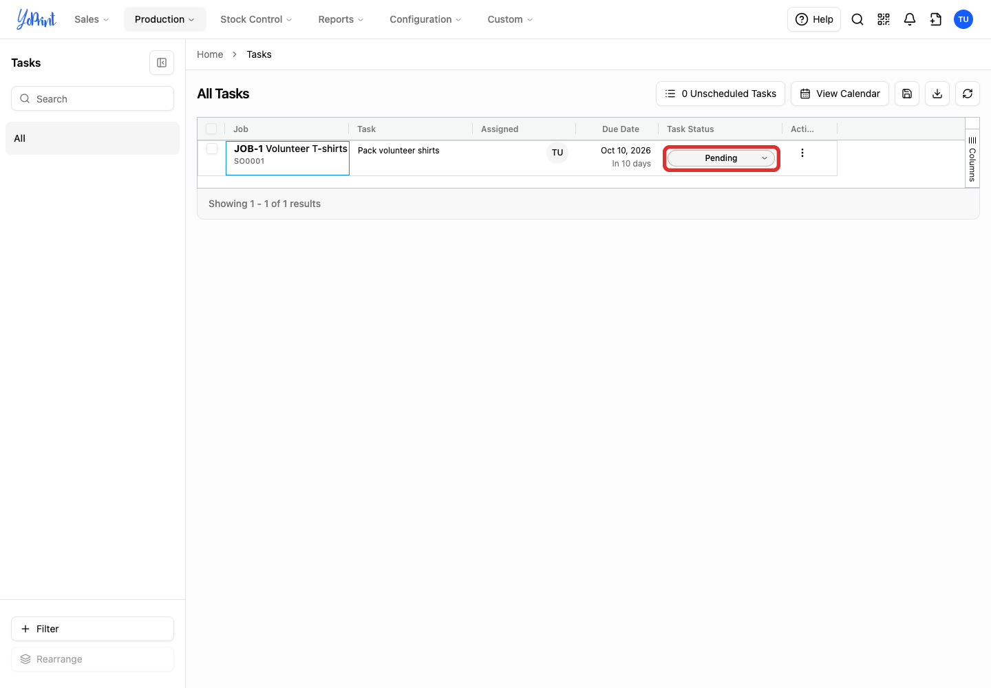 Task Status dropdown on the task row