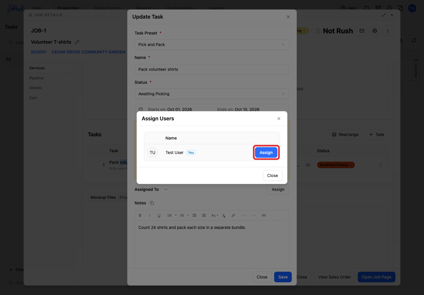 Assign button for the selected team member