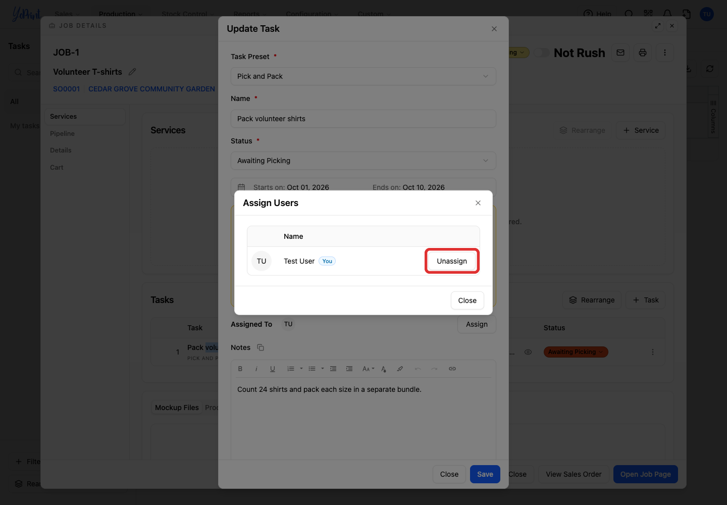 Unassign button for an assigned team member