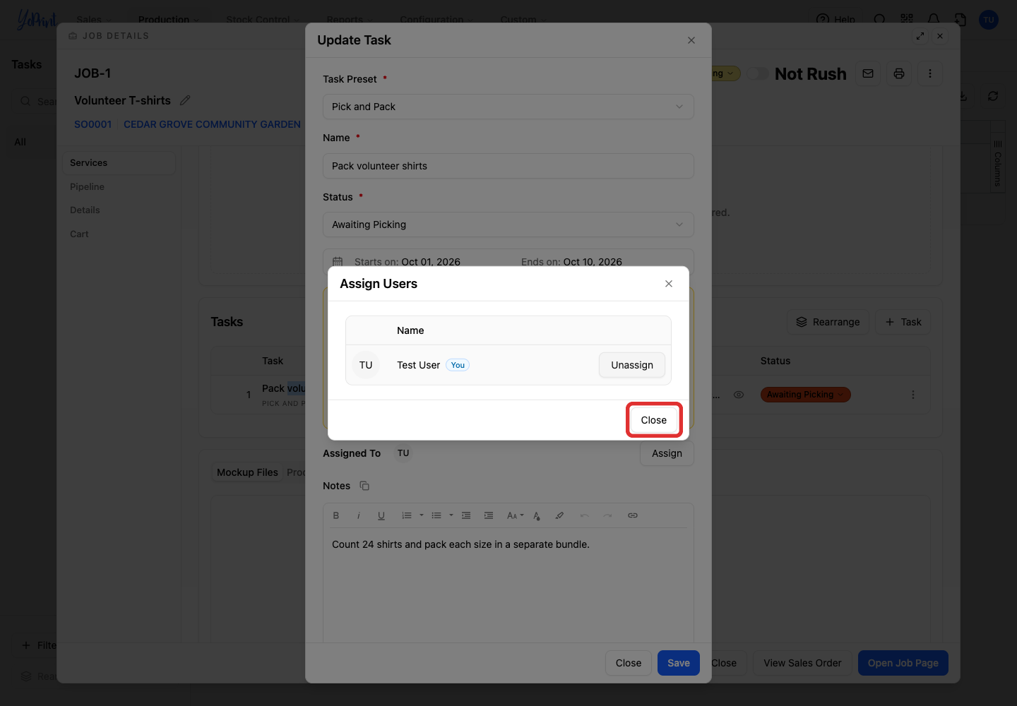 Close button in Assign Users