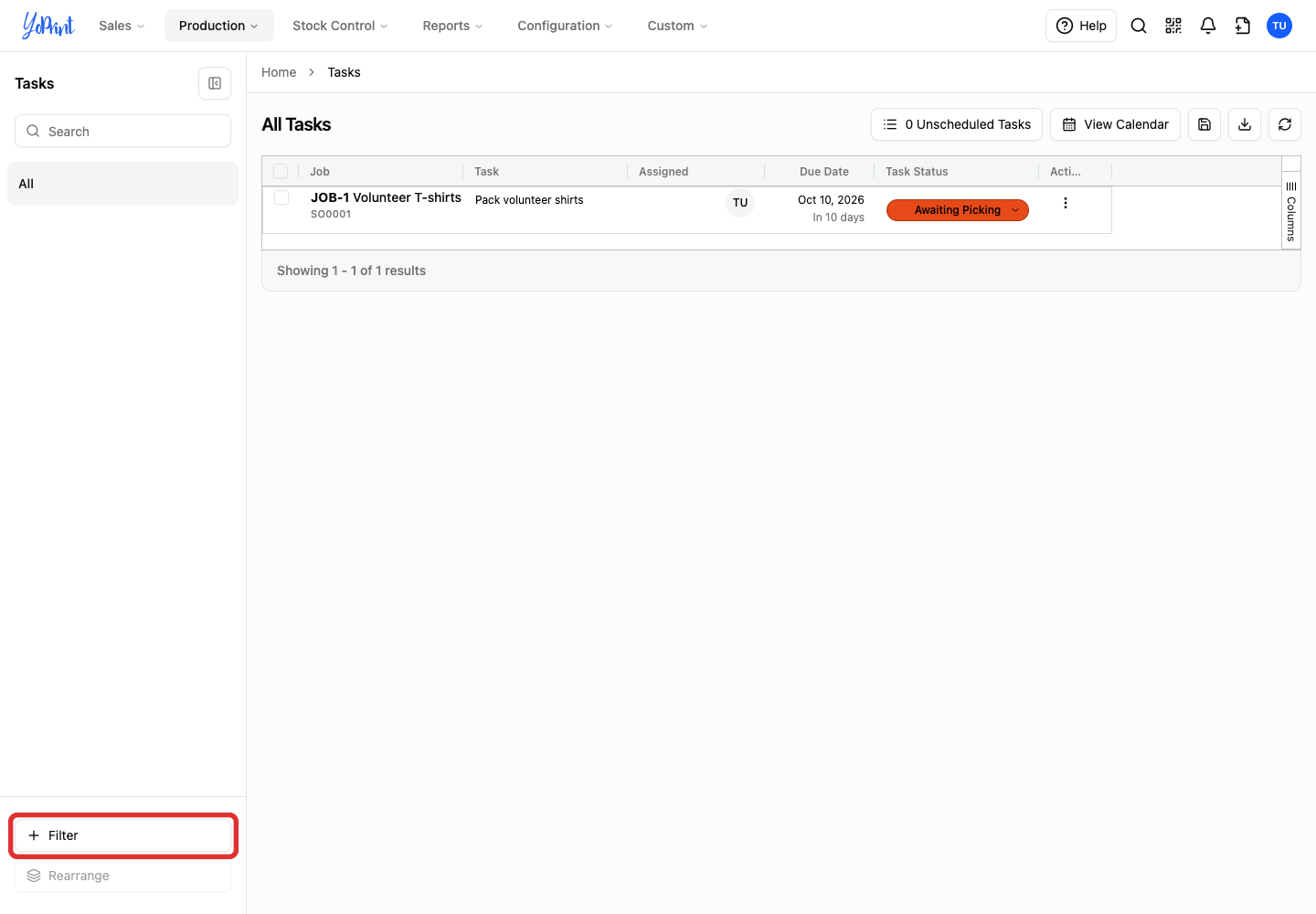 Add Filter button in the Tasks sidebar