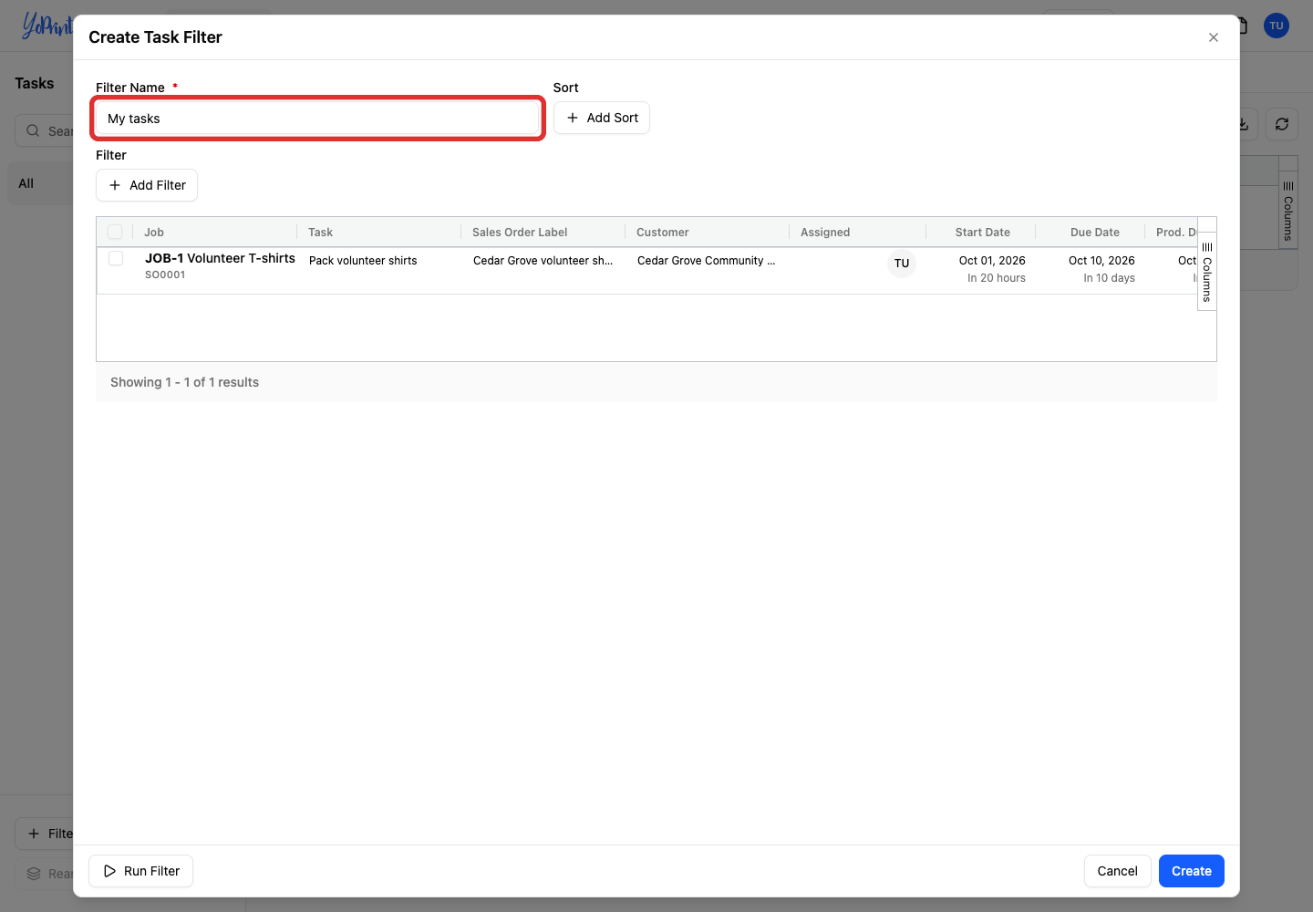 Filter Name field with My tasks