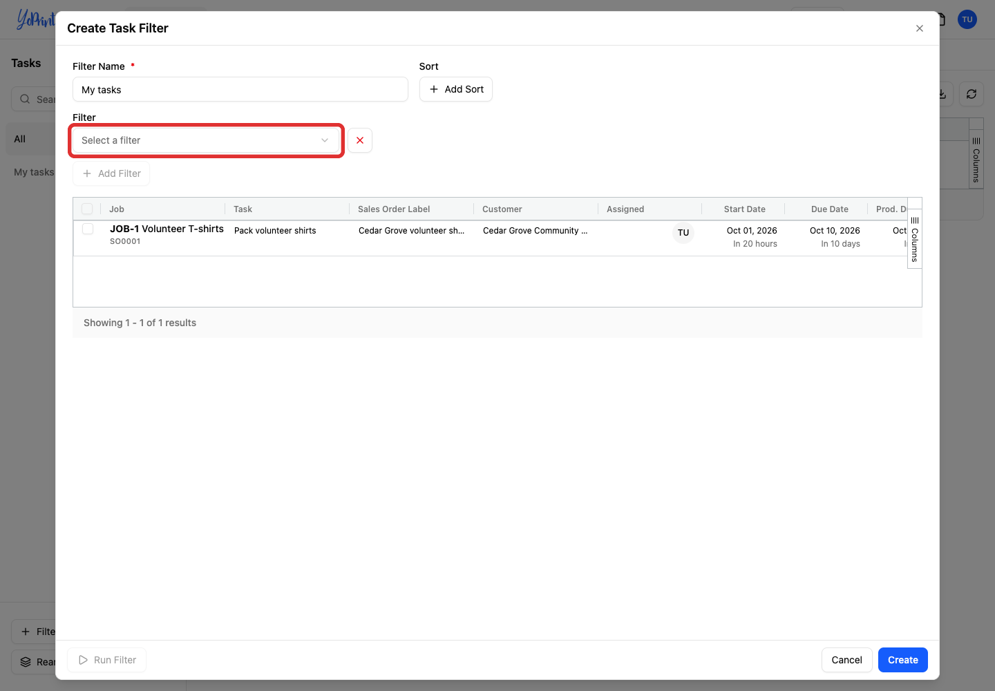 Filter type dropdown