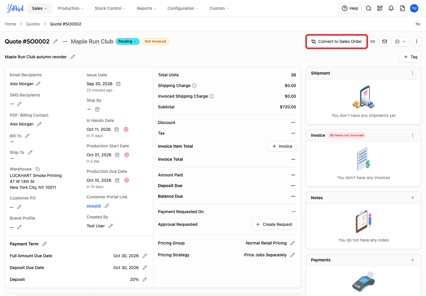 Convert to Sales Order on the quote