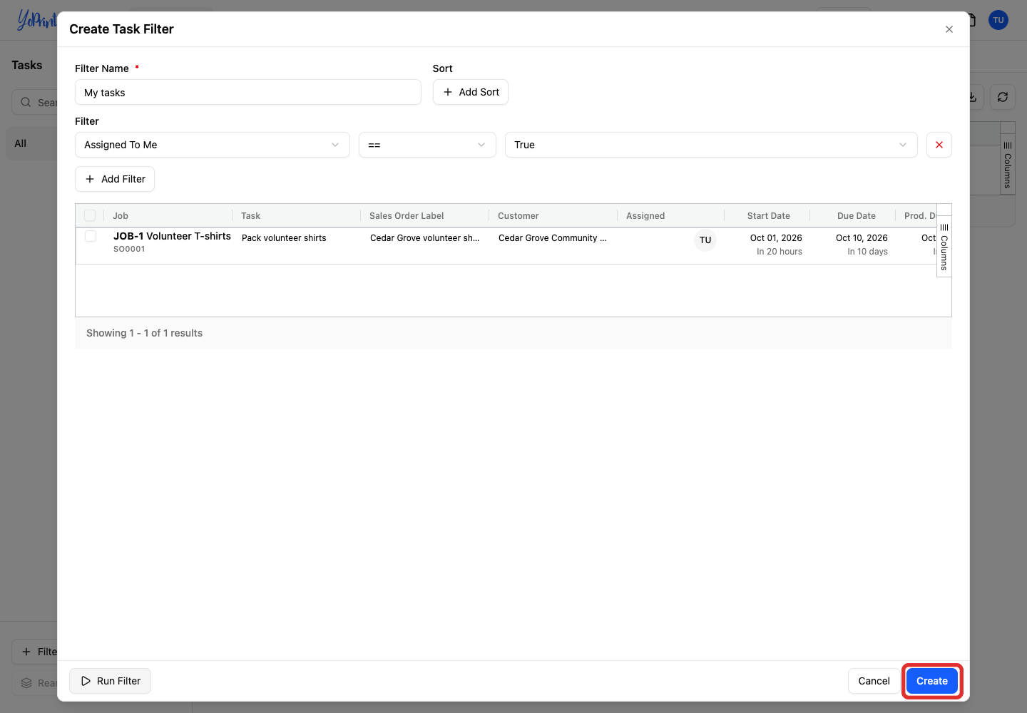 Create button saves My tasks