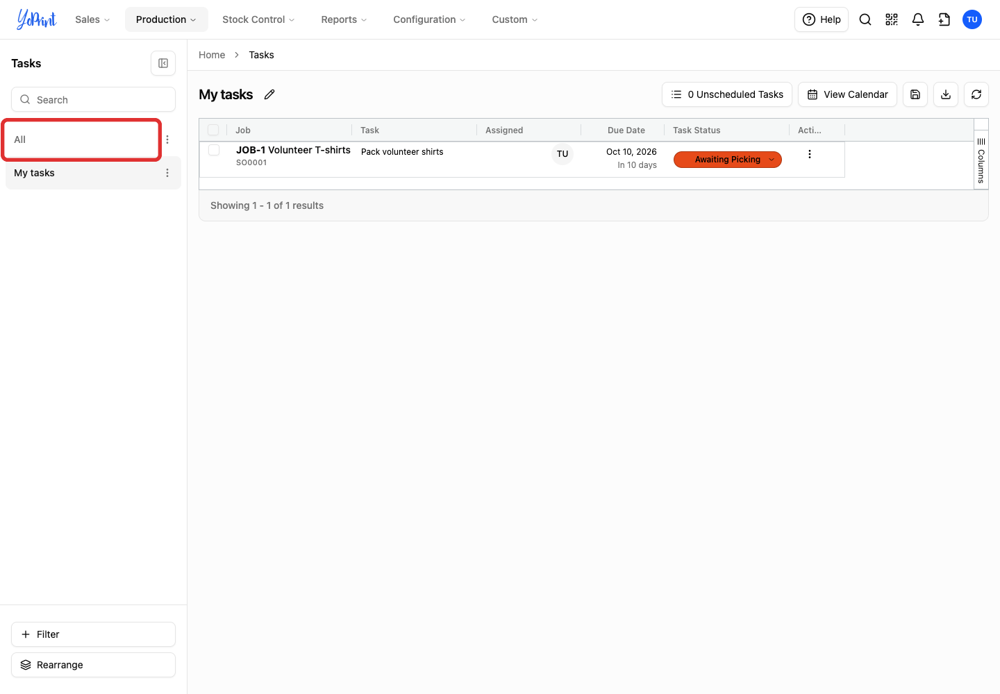 All option above the saved My tasks filter