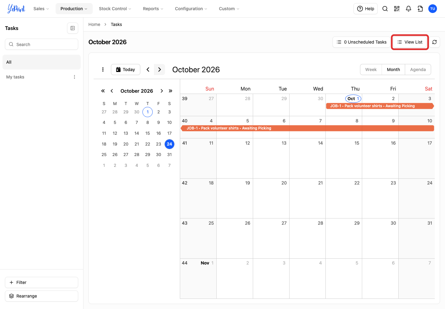 View List button above the October calendar