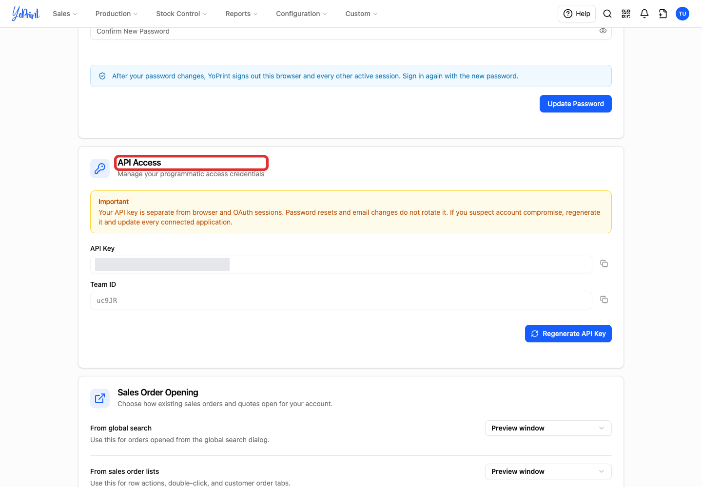 The API Access card on your profile