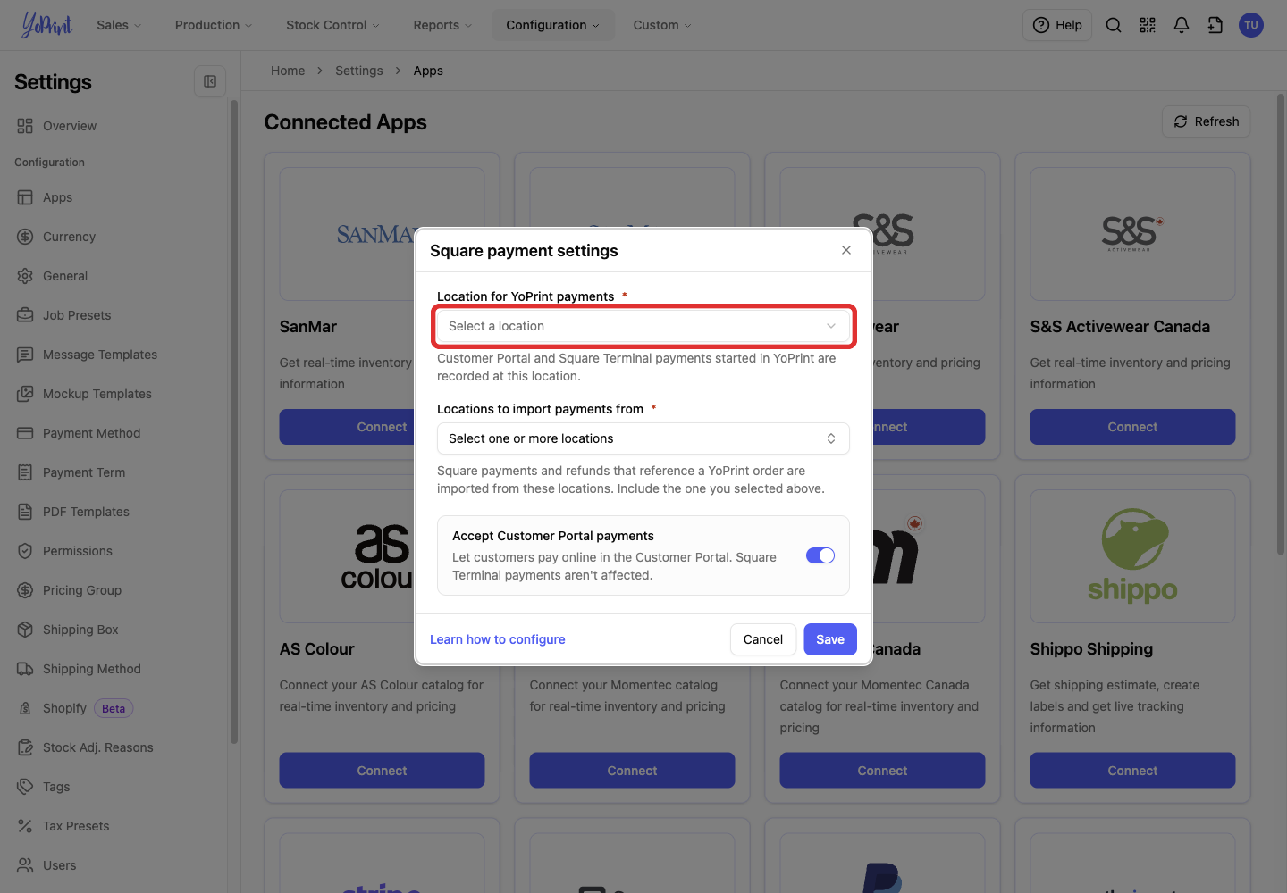 Location for YoPrint payments in Square payment settings