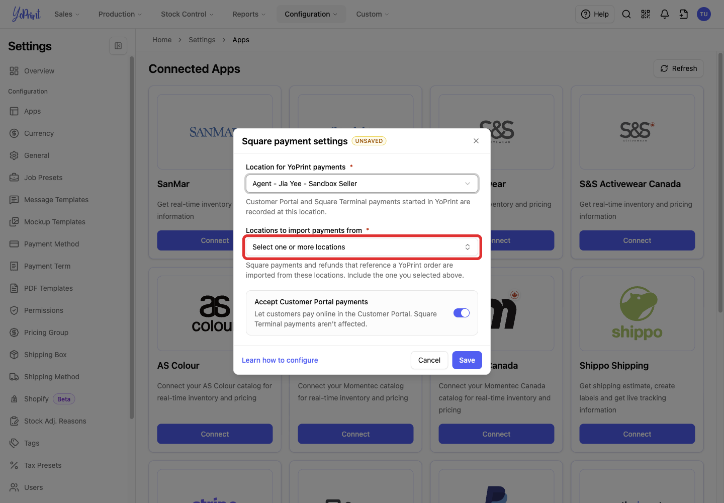 Locations to import payments from in Square payment settings
