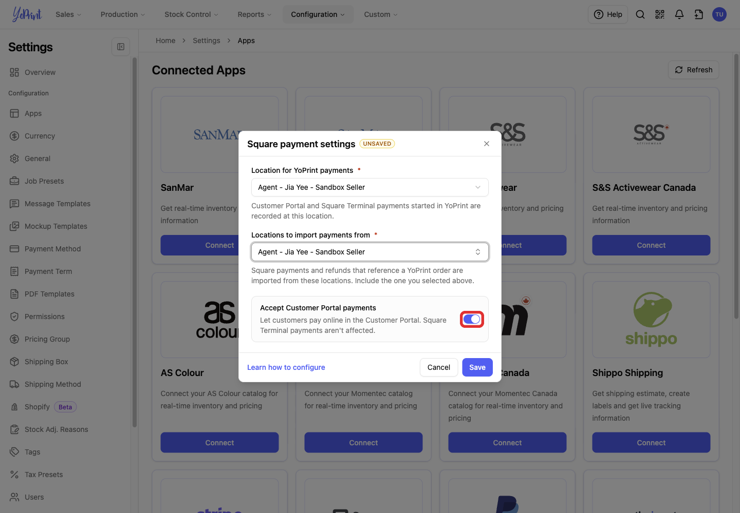 Accept Customer Portal payments in Square payment settings