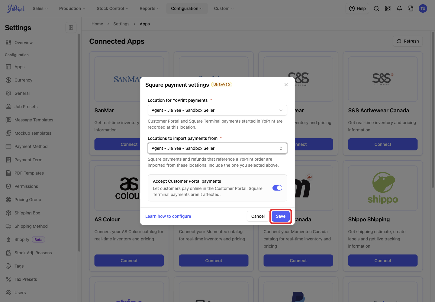 Save in Square payment settings