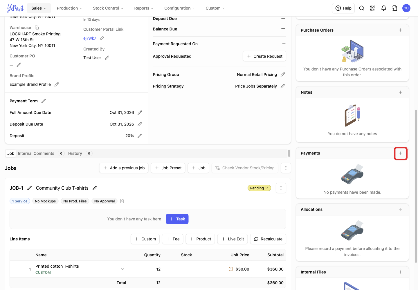 The plus button in the sales order Payments panel