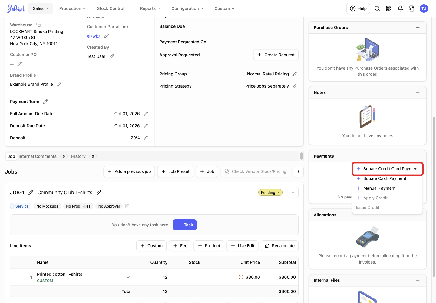 Square Credit Card Payment in the Payments menu