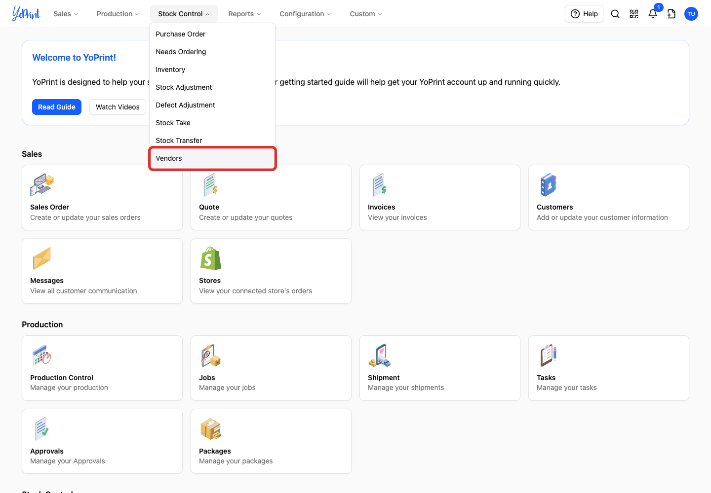Vendors in the Stock Control menu