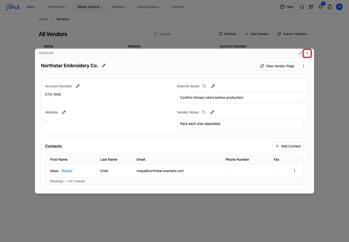 Close the vendor details window