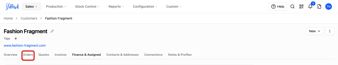 Orders on the customer page