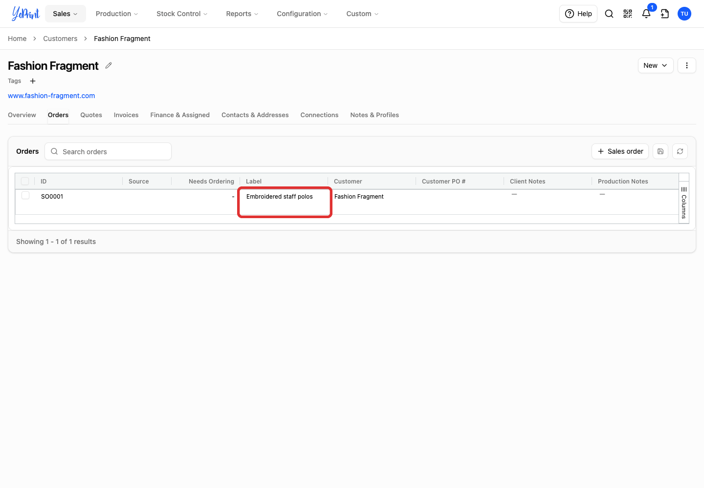 Sales order in the customer's Orders list