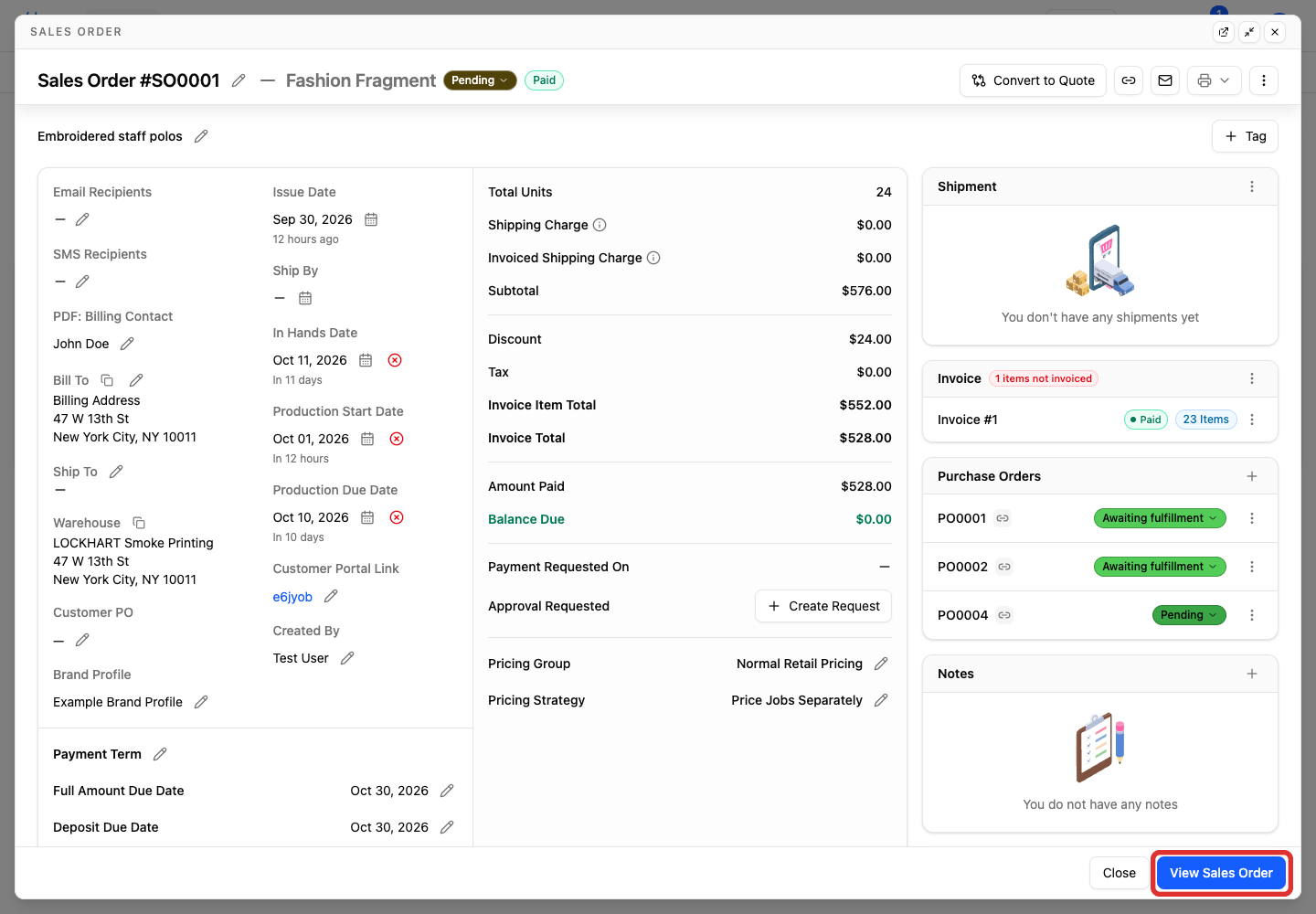 View Sales Order button