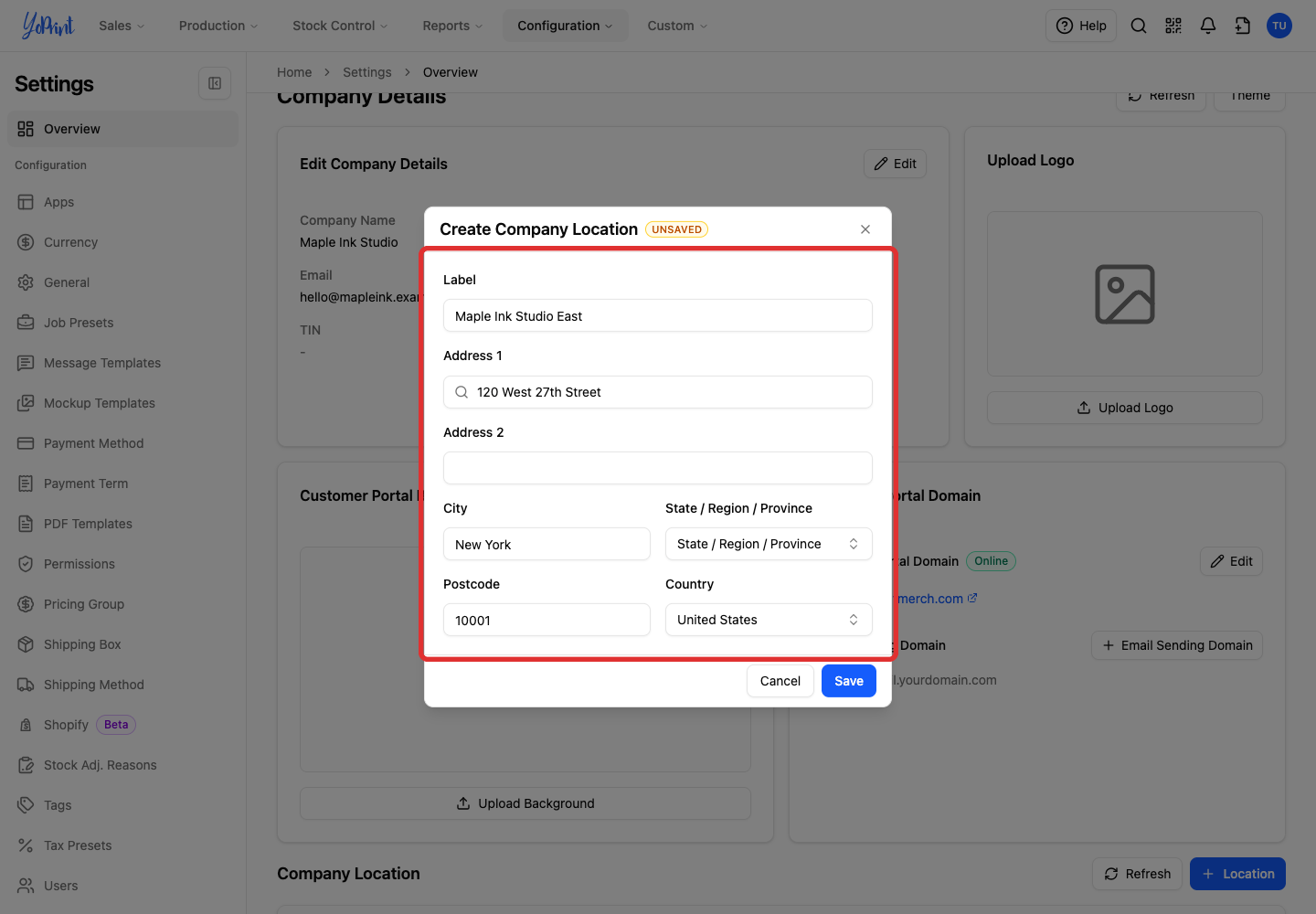 Location label and address fields