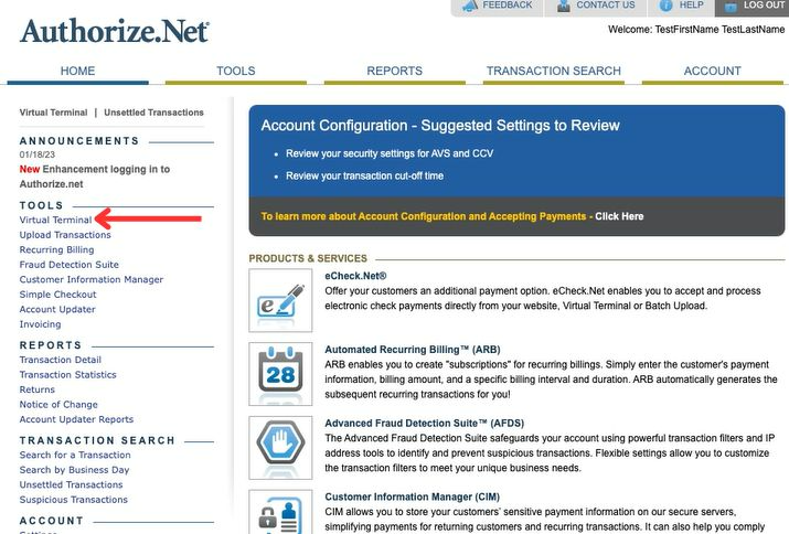 Virtual Terminal in the Authorize.net menu