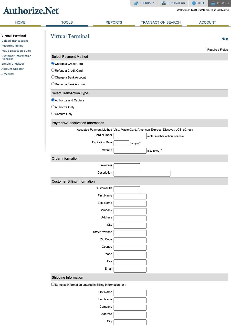 Payment method, transaction type, card details, and amount in Virtual Terminal
