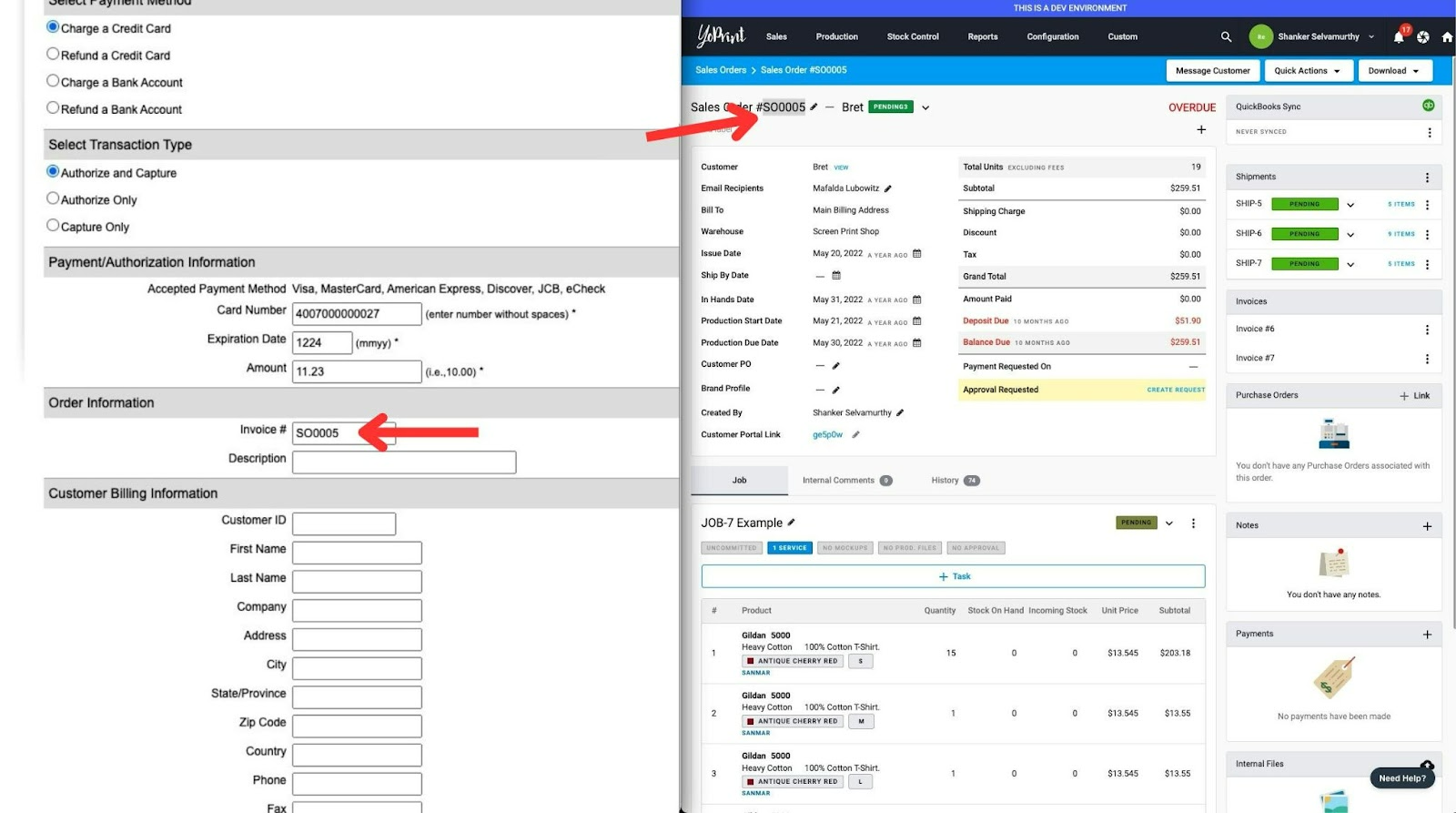 YoPrint sales order number copied into the Authorize.net Invoice Number field