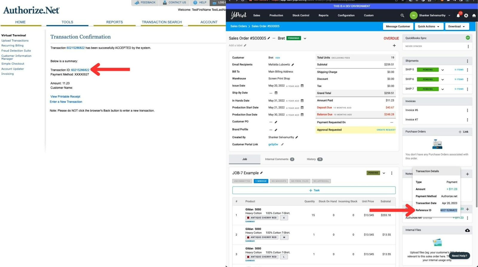 The Authorize.net Transaction ID matches the payment Reference ID in YoPrint