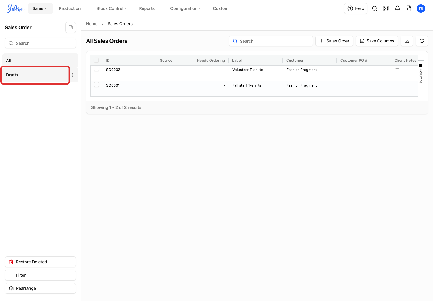 Drafts filter in the left pane of the Sales Orders list