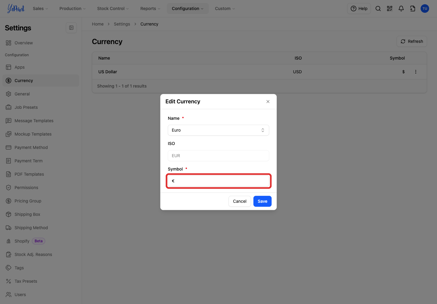 Euro symbol in the currency settings