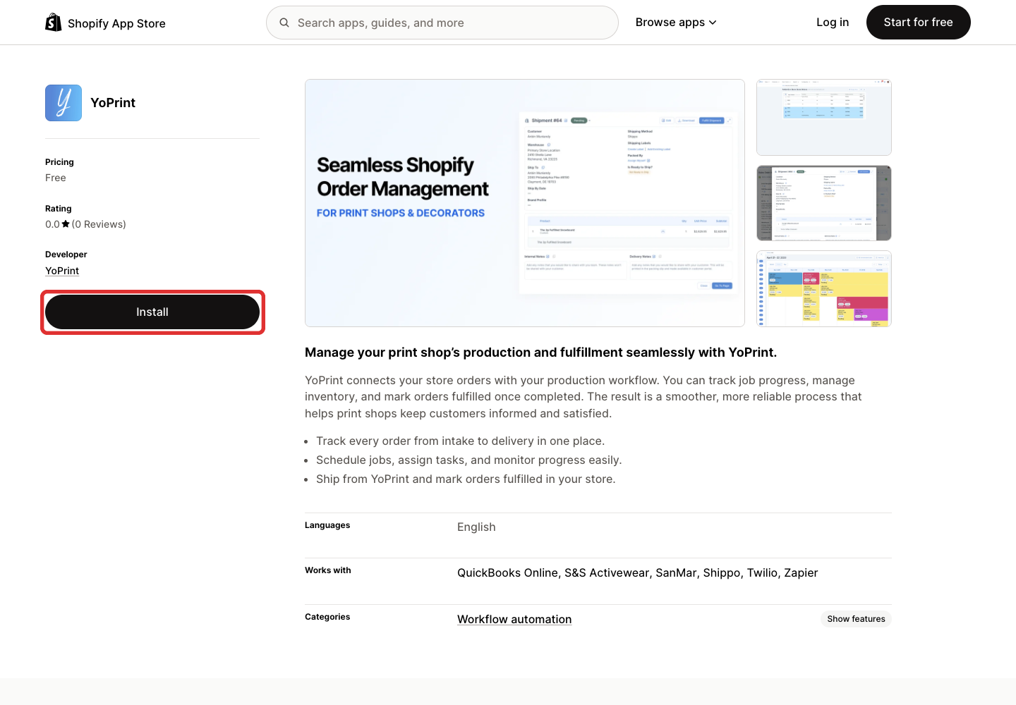 Install on the public YoPrint Shopify App Store listing