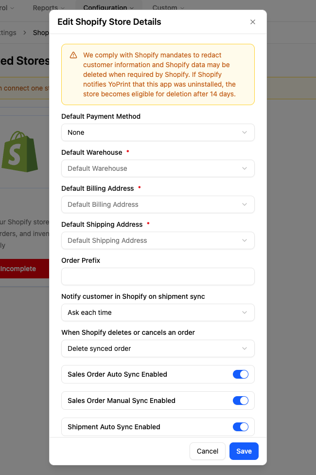 The Shopify store setup form after arriving in YoPrint