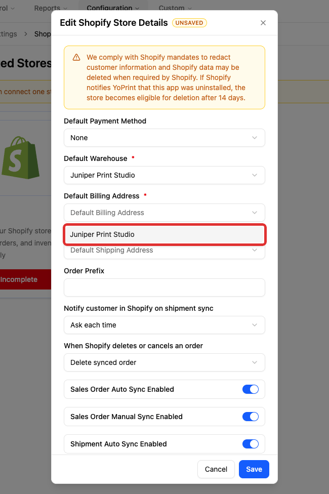 Choose the shop billing location