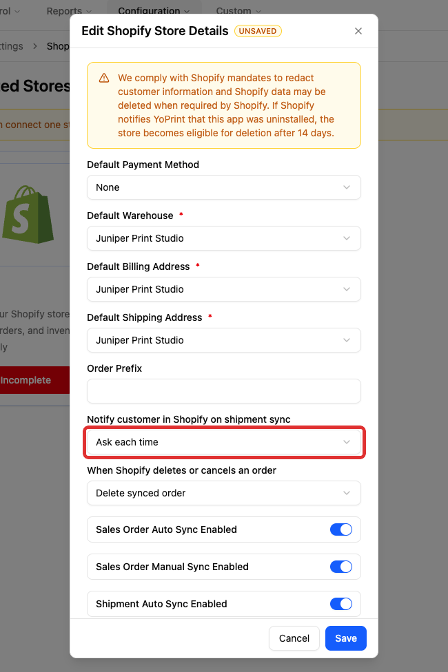 Open Shopify shipment notification settings